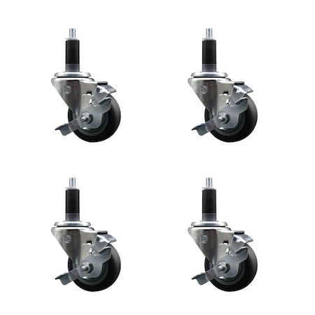 Service Caster 3'' SS Thermoplastic Rubber Swivel 1-1/8'' Expanding Stem Caster Set with Brake, 4PK SCC-SSEX20S314-TPRB-TLB-118-4